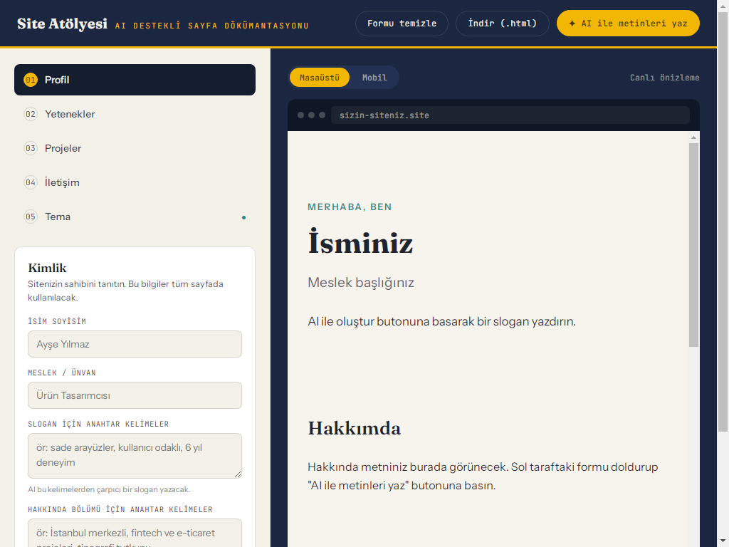 Site Atölyesi — AI Destekli Web Sitesi Oluşturucu